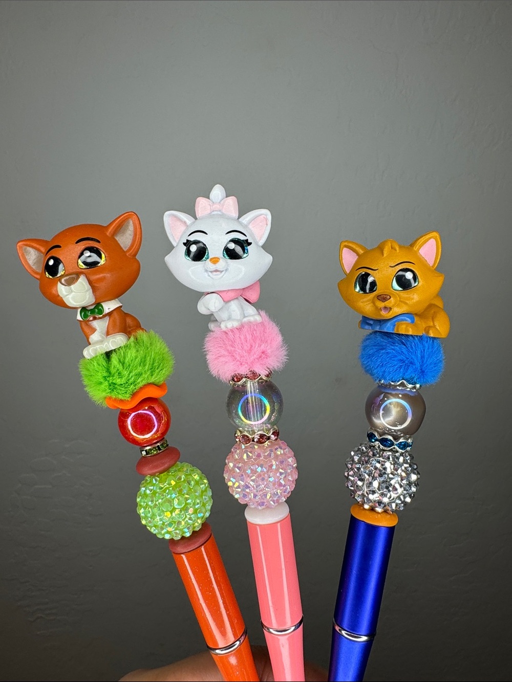 Cute Cat Pom-Pom Ballpoint Pen Set - Pink, Orange, Blue